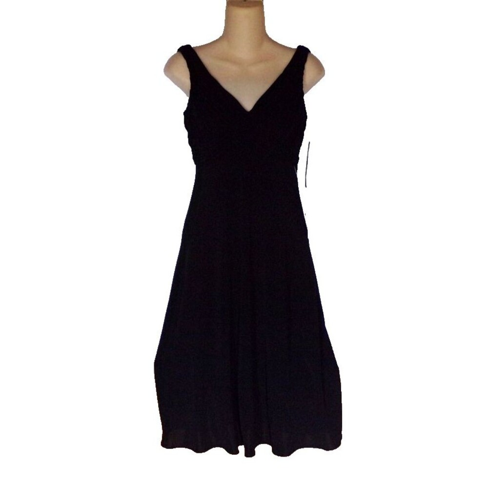 Anne Klein Black Sleeveless V Neck Ruched Fit & Flare Dress Size 4P NWT $170